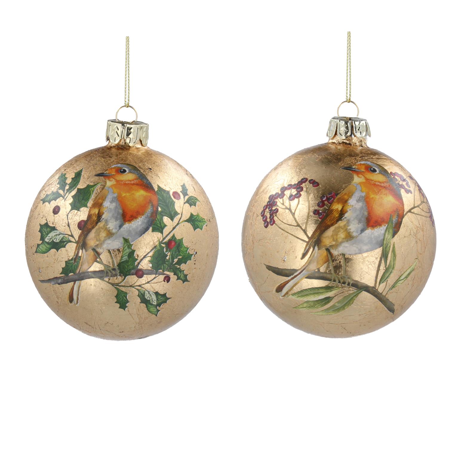 Gisela Graham Glass Bauble 8cm Antique Gold with Robin